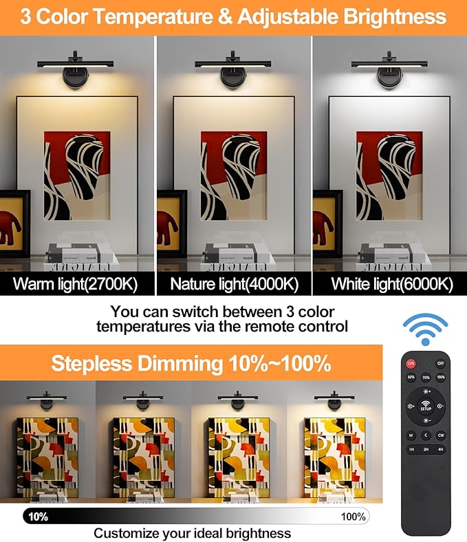 Rechargeable Picture Light for Wall, Cordless Art Lights Battery Operated, Dimmable Wall Light with Remote & Timer, 3 Color Modes for Paintings, Gallery, Artwork(Black, 12inch)