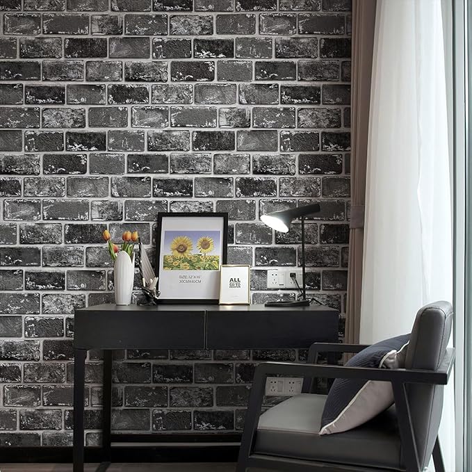 GaliGali Black and Silver Brick Wallpaper, Peel and Stick Wallpaper, Self-Adhesive Classic Antique Texture Rock Wall Paper, Removable Contact Paper for Home Decoration 17.3"x118", No.A07020J-3