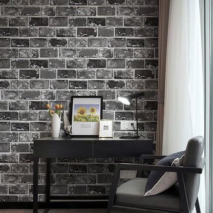 GaliGali Black and Silver Brick Wallpaper, Peel and Stick Wallpaper, Self-Adhesive Classic Antique Texture Rock Wall Paper, Removable Contact Paper for Home Decoration 17.3"x118", No.A07020J-3