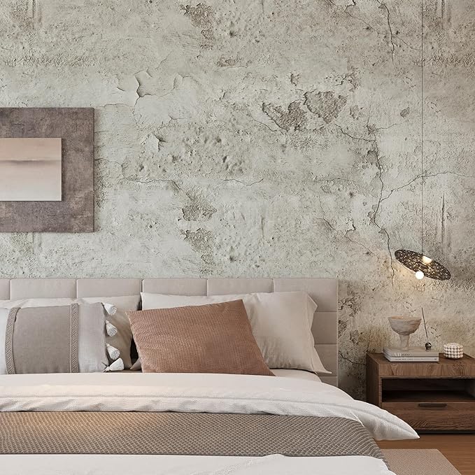 VEELIKE Grunge Cracked Concrete Wallpaper Peel and Stick 118''x32'' Wide Beige Concrete Contact Paper for Countertops Waterproof Self Adhesive Removable Cement Vinyl Wallpaper for Bedroom Bathroom