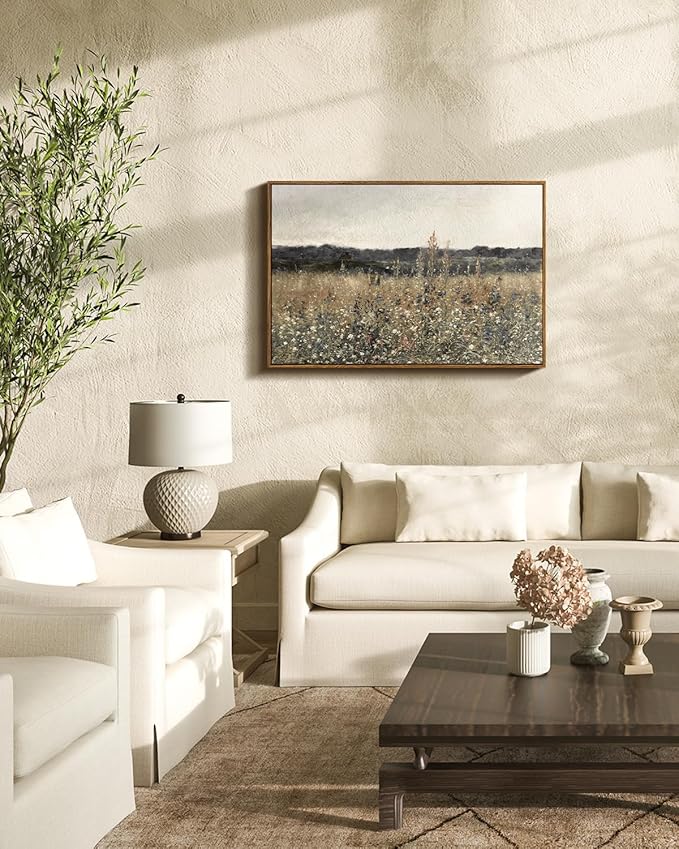 InSimSea Framed Canvas Wall Art Vintage Decor, Large Wall Art, Meadow with Flowers Landscape Wall Art Prints, Modern Farmhouse Cottagecore Bedroom Bathroom Office Decoration, 20
