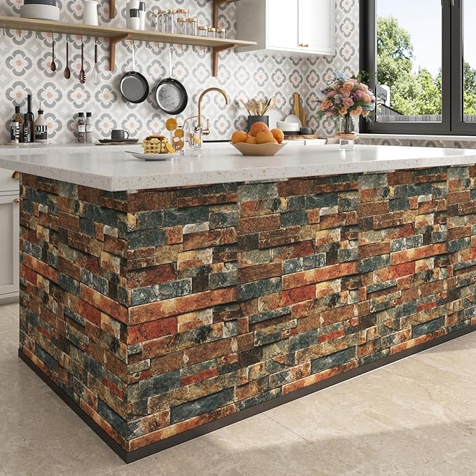 FunStick 15.8x472 Brown Red Blue 3D Brick Wallpaper Peel and Stick Textured Brick Removable Wallpaper for Bedroom Living Room Accent Wall Panels Backsplash Renter Friendly Vintage Vinyl Contact Paper