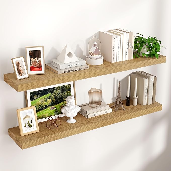 Floating Shelves for Wall 48"W x 9"D x 1.5"H, Long Engineered Wood Wall Shelves with Invisible Brackets for Living Room Bedroom Bathroom Office Kitchen Decor and Storage, Oak Finish, Set of 2