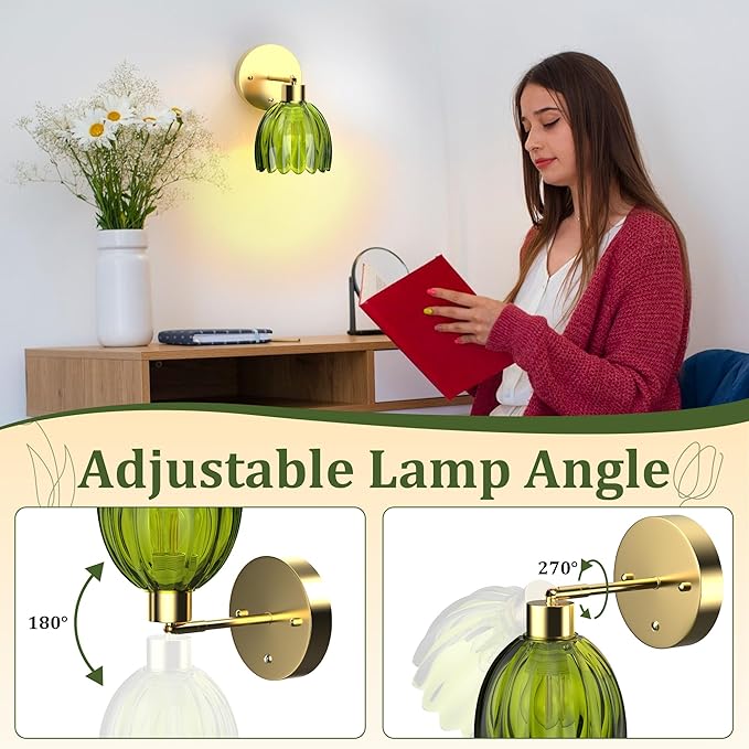 Wall Sconces Set of 2 Battery Operated | Tulip Glass Wall Lamps Rechargeable 5200mAh Wireless Wall Sconce Dimmable for Bedroom Living Room Hallway, Elegant Green Tulip Lampshade Wall Decor