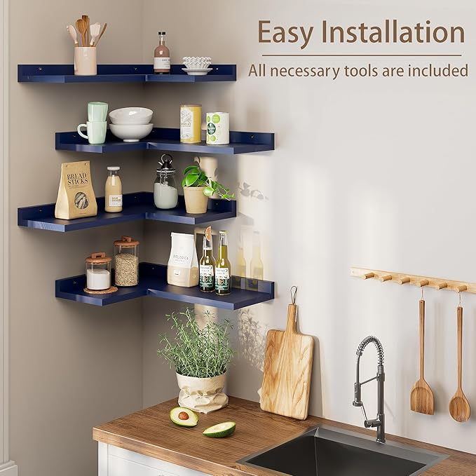 4 Tier Floating Shelves - Navy Blue Set of 4, Rustic Pine Wooden L Shaped Corner Wall Shelf for Wall Decor Storage, Bedroom, Living Room, Bathroom, Kitchen