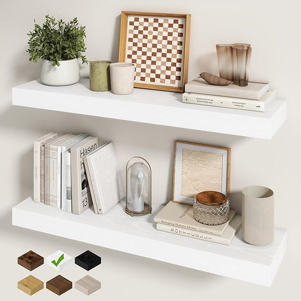 Fun Memories 30Inch Floating Shelves for Wall, 2 Pack Rustic Wood Shelves for Bathroom|Kitchen Wall Mounted Floating Shelf with Invisible Brackets for Books|Storage|Decor,White