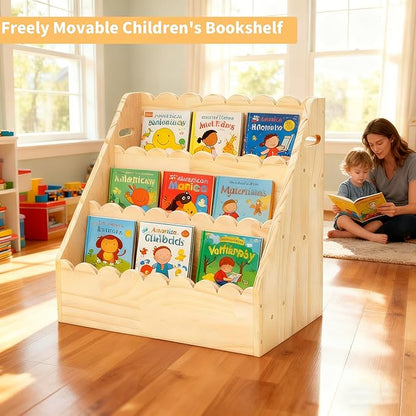 Kids Bookshelf 3-Tier, Solid Wood Bookcase & Montessori Book Display Rack, Open Front Facing Bookshelves for Toddlers, Children's Room, Nursery, Bedroom, Playroom Organizer (Small)