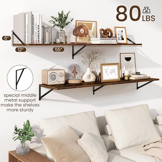 Fun Memories Floating Shelves for Wall, 12 Inch Deep Floating Shelves Set of 2, 55W x 12D Large Wall Shelf with Sturdy Metal Brackets for Living Room, Bathroom, Bedroom and Kitchen, Rustic Brown
