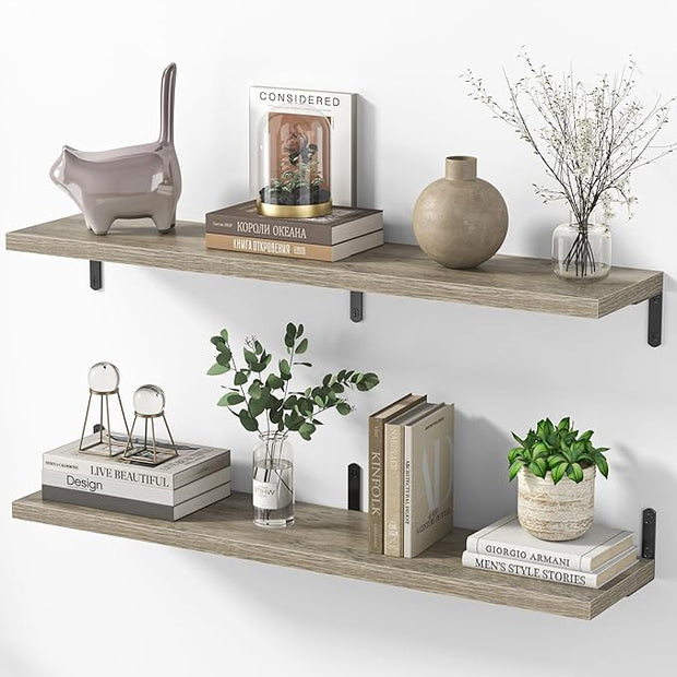 Marsmiles Extra Wide Floating Shelves for Wall, 40x8 Inch Natural Wood Grain Bookshelves, Heavy Duty Mounted Shelving for Bathroom, Kitchen, Living Room, Bedroom,Set of 2，Grey