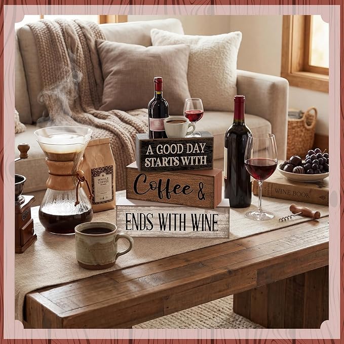 4 Pcs Farmhouse Table Decor Wooden Stacked Block Sign with Wine Bottle, Coffee Cup & Glass Sculpture a Good Day Starts with Coffee Ends with Wine Sign for Home & Bar Housewarming Gift