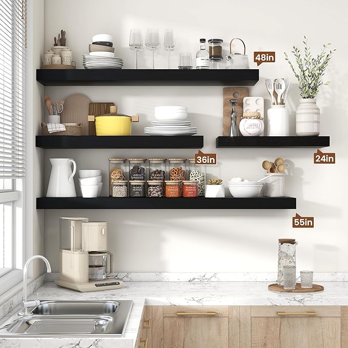 Heimlove Floating Shelves for Wall 55 Inch Long,Extra Large and Thick Wood Shelves Mounted Storage Hanging Shelf Invisible Bracket for Bedroom,Living Room,Kitchen,Office,Set of 2,Black