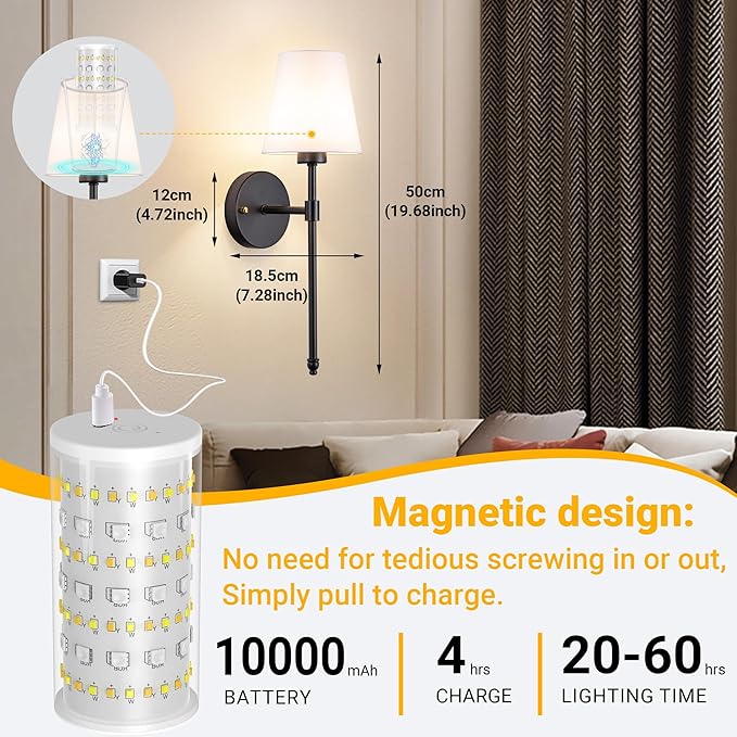 Peel and Stick Wall Sconces, Stick On Wall Sconce Set of 2, Battery Operated Wireless Wall Light, No Drill Adhesive Wall Lamp, Corn Bulb with 10000mAh Rechargeable Battery, Bedroom Wall Decor