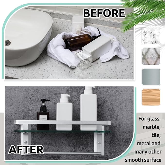 Suzile Set of 2 Glass Bathroom Shelves with Bar, Wall Mounted 15.7 x 4.7 Inches, Bathroom Shelves Hanging Modern Floating Shelf Metal Stick Room Rustproof Organizer Decorative(Silver)
