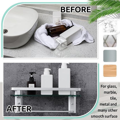 Suzile Set of 2 Glass Bathroom Shelves with Bar, Wall Mounted 15.7 x 4.7 Inches, Bathroom Shelves Hanging Modern Floating Shelf Metal Stick Room Rustproof Organizer Decorative(Silver)