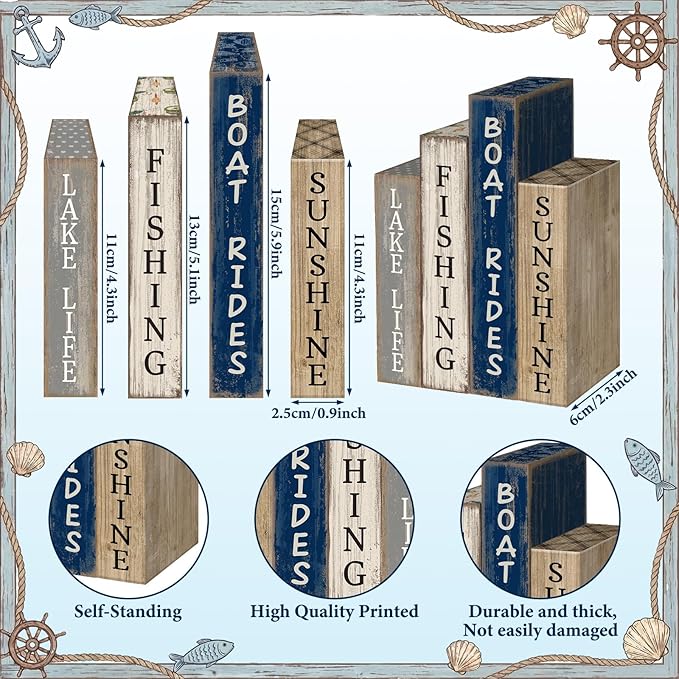 4 Pcs Summer Lake House Decor Stacked Wooden Block Set with Lake Life Boat Rides Fishing Sunshine Blue White Summer Table Decor Wooden Book Signs for Fishing & Boating Lovers Gifts
