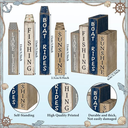 4 Pcs Summer Lake House Decor Stacked Wooden Block Set with Lake Life Boat Rides Fishing Sunshine Blue White Summer Table Decor Wooden Book Signs for Fishing & Boating Lovers Gifts