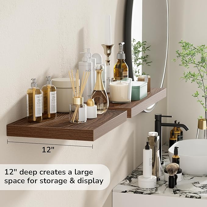 Fun Memories Floating Shelves - 2 Pack 12 Inch Rustic Wooden Wall Shelves - Extra Deeper & Thicker Wall Mounted Storage Shelf for Living Room, Kitchen, Farmhouse - 16