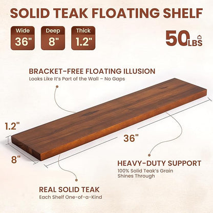 Teak Floating Shelves Set of 2-36 Inch Natural Waterproof Wood Wall Shelves with Invisible Brackets for Bathroom, Kitchen, Balcony - Solid Teak Wood Shelving, Water-Resistant Wall Decor
