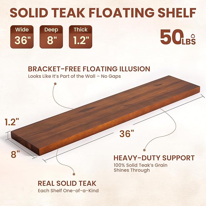Teak Floating Shelves Set of 2-36 Inch Natural Waterproof Wood Wall Shelves with Invisible Brackets for Bathroom, Kitchen, Balcony - Solid Teak Wood Shelving, Water-Resistant Wall Decor