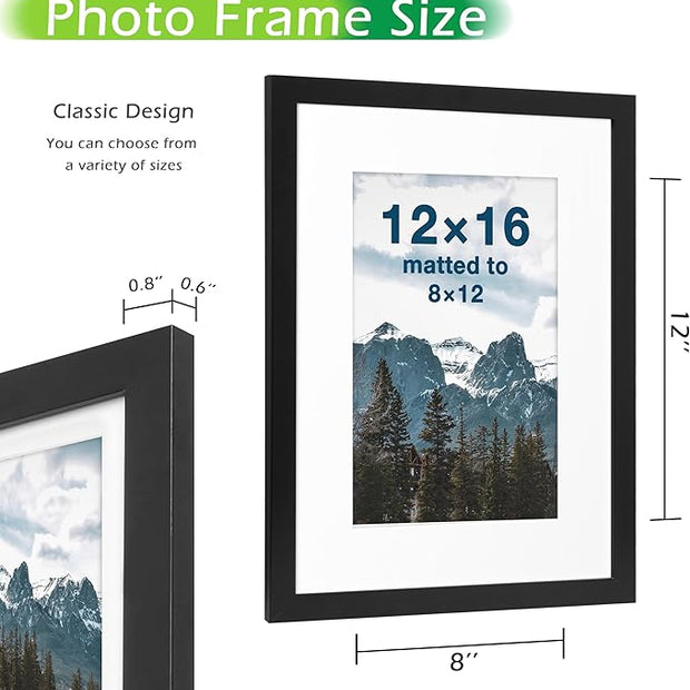 FrameWorks 2-Pack, 12x16 Matted to 8x12 Picture Frame, Black – Classic Wooden Photo Frame with Tempered Glass, Modern Matte Finish for Prints, Posters, Certificates & Wall Decor – Gallery-Ready