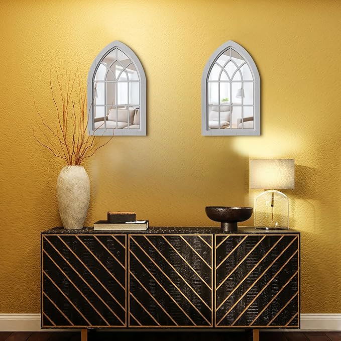 ZEXUIRU 2PCS Arched Window Wall Mirror,Rustic Farmhouse Accent Mirror, Wood Framed Entry Mirror for Living Room,Bathroom,Bedroom,Kitchen,15.5 * 9.8 Inch