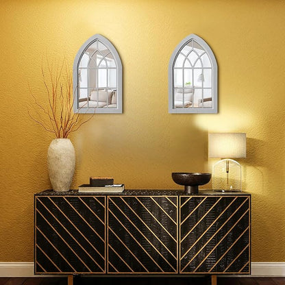 ZEXUIRU 2PCS Arched Window Wall Mirror,Rustic Farmhouse Accent Mirror, Wood Framed Entry Mirror for Living Room,Bathroom,Bedroom,Kitchen,15.5 * 9.8 Inch