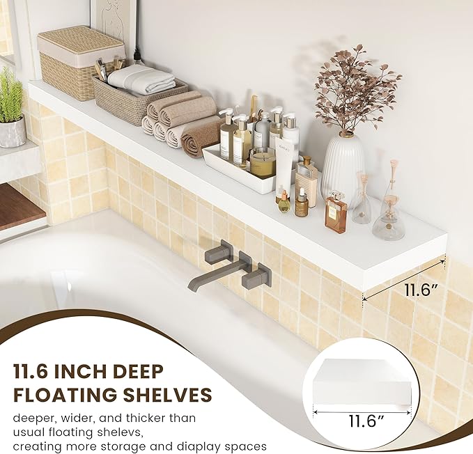 72 Inch White Floating Shelf | 12 Inch Deep Floating Shelves Set of 1 | 72