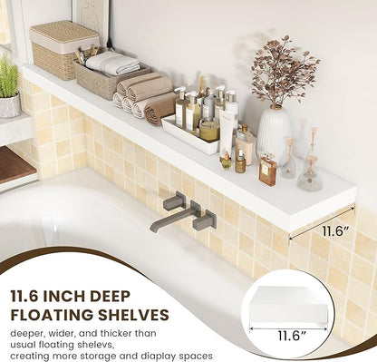 72 Inch White Floating Shelf | 12 Inch Deep Floating Shelves Set of 1 | 72" D x 12" D Rustic Wood Shelves for Wall | Deep White Shelves for Living Room Bathroom Laundry Room Kitchen