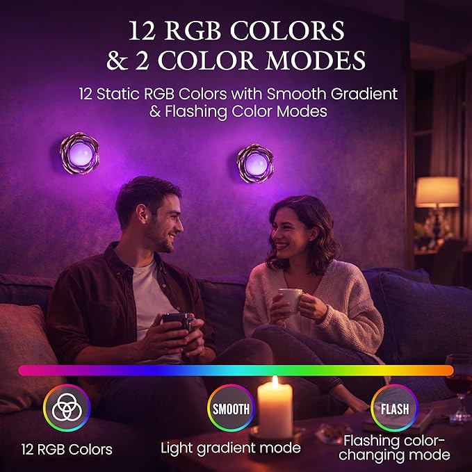 AELS Battery Operated Wall Sconces Set of 2, Vintage Gold Wireless Wall Lights with 3 Color Temps & Dimmable RGB Mode, Rechargeable with Detachable LED Bulbs & Remote for Bedroom Living Room，Floral