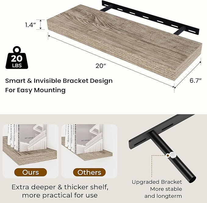 Dreamland 20 Inches Floating Shelves for Wall,6.7 Inch Deep Floating Shelves Set of 2, Large Display & Storage Shelf, Wall Shelf for Bathroom Bedroom Living Room Kitchen Office,Grey