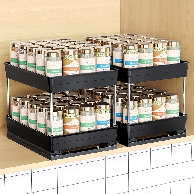 Pull Out Spice Rack Organizer for Cabinet, Slide Out Spice Racks Organizer, Easy to Install Spice Cabinet Organizers, 8.26''Wx10.62''Dx8.66''H, 2 Packs-2 Tiers (Black)