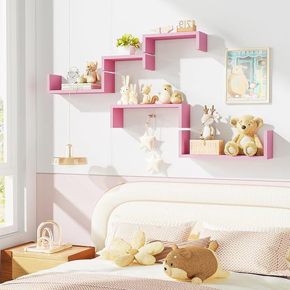 SRIWATANA Floating Shelves, Wall Shelves for Bathroom, Bedroom, Living Room, Kitchen, Office, Wood Shelves for Wall Decor Set of 5 (Pink)