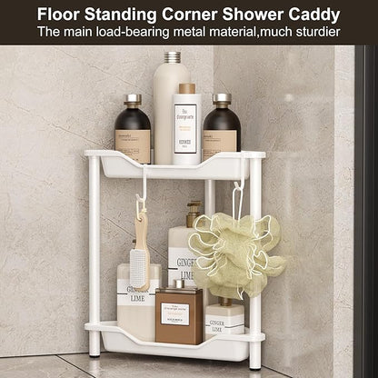 Orimade Rustproof 2 Tier Floor Standing Corner Shower Caddy Organizer, Plastic Metal Splicing Floor Corner Shelf Rack Stands for Bathroom, White