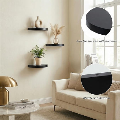 Small Wood Floating Shelves (2-Pack, 6-inch Diameter) - Round Sturdy Invisible Wall Mount Display for Small Plants,Toys,Bathroom,Living Room Storage & Modern Rustic Décor (Black)