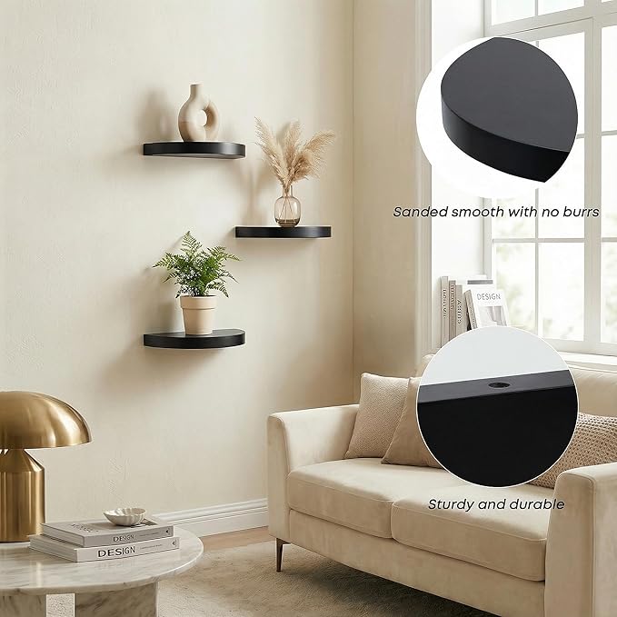 Small Wood Floating Shelves (2-Pack, 6-inch Diameter) - Round Sturdy Invisible Wall Mount Display for Small Plants,Toys,Bathroom,Living Room Storage & Modern Rustic Décor (Black)