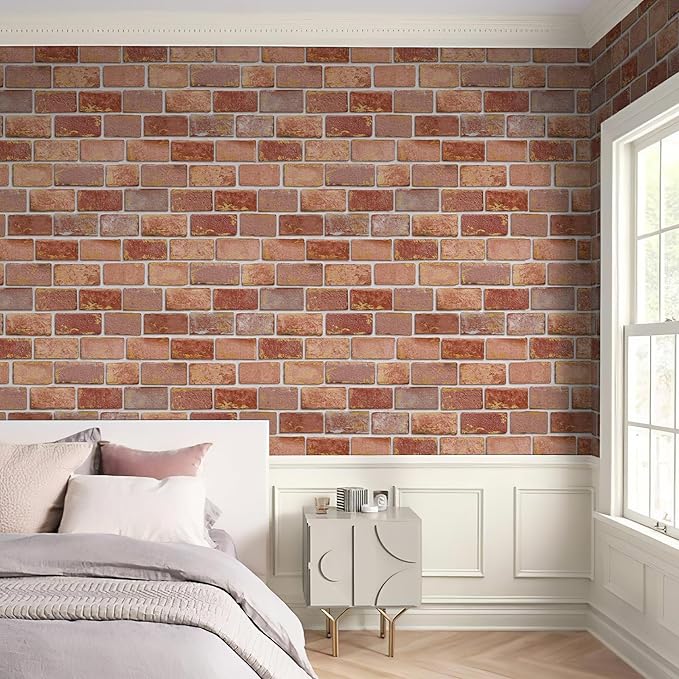 JiffDiff Brick Wallpaper Peel and Stick, Removable Vintage Self Adhesive Wallpaper Renter Friendly Textured Stick on Wallpaper Contact Paper （17.3