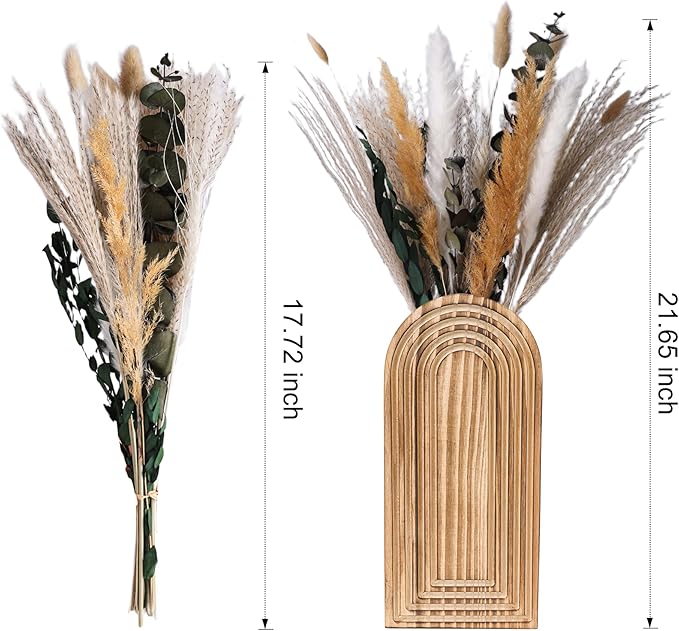 DREAMLOOM 2 Pack Wooden Wall Vases with Dried Pampas Grass and Eucalyptus Plants, Wall Hanging Planters Boho Modern Farmhouse Indoor for Narrow Spaces Entryway Bathroom Home Office Decoration, Retro