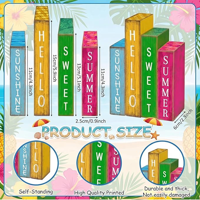 4 Pcs Summer Table Decoration Wooden Book Hawaii Beach Decoration Blue Yellow and Red Summer Tiered Tray Decor Wood Book Sign Farmhouse for Hawaii Party Home Shelf Coffee Table