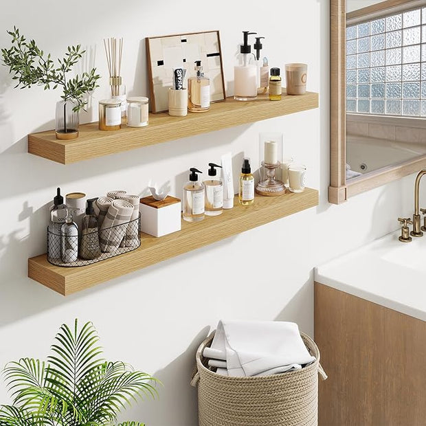 Fun Memories 40 Inch Floating Shelves, Long Wood Wall Shelf Set of 2 with Invisible Brackets, for Bathroom, Living Room, Bedroom, Kitchen, Oak