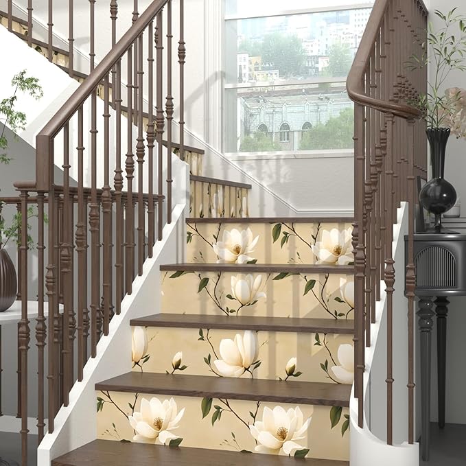 Vintage Floral Peel and Stick Wallpaper Khaki White Flowers Contact Paper 17.5"X118" Vinyl Waterproof Self Adhesive Removable Boho Modern Green Leaf Wall Paper for Cabinets Bathroom Walls Bookcase