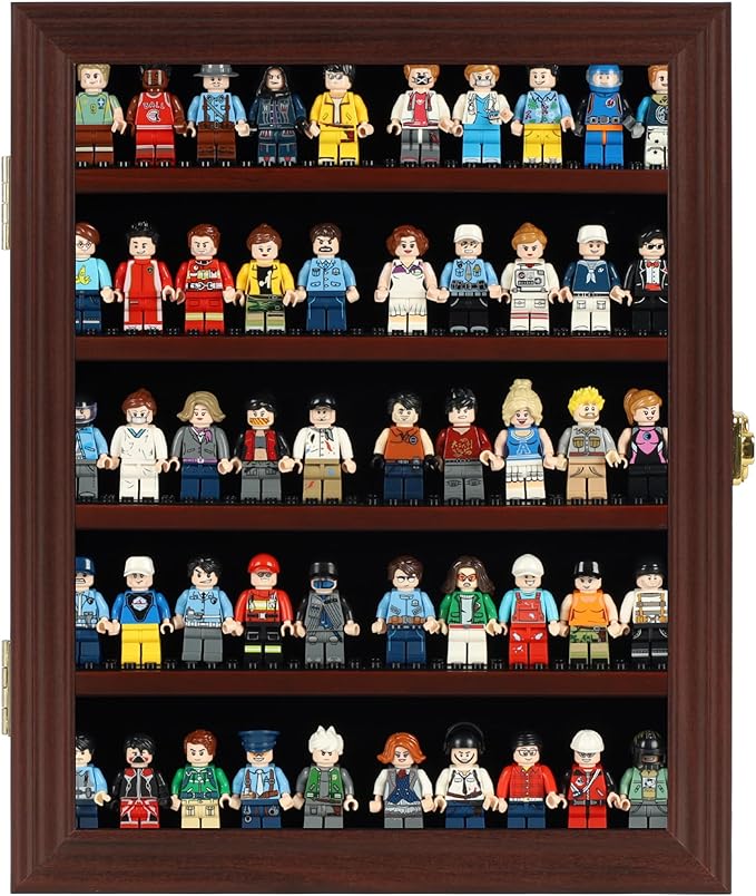 Block Toy Minifigures Dimensions Display Case Thimble Wall Cabinet Shelves Compatible with Challenge Coin Lockalbe UV Protection Door (Small - Mahogany Frame)
