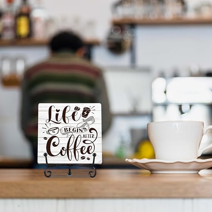 Coffee Bar Decor, Farmhouse Kitchen Table Decor, Coffee Station Accessories, Wooden Decorative Sign with Iron Stand for Table Desk Shelf Display-E21