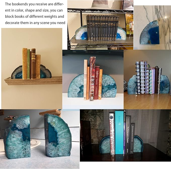 JIC Gem Teal Agate Bookends Heavy Duty Book Ends for Shelves Geode Book Ends with Rubber Bumpers for Office Décor and Home Decoration(1 Pair, 2-3 LBS)