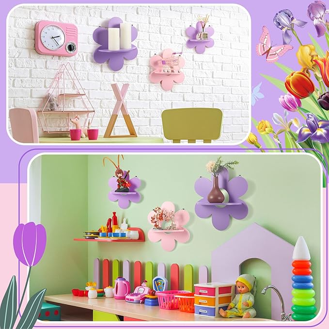 Soaoo 3 Pcs Daisy Flower Floating Shelves, Wooden Boho Daisy Plant Shelf, Wall Mounted Display Stand, Hanging Display Flower Decor for Living Room Bathroom Bedroom(Purple and Pink)