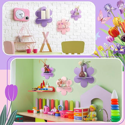 Soaoo 3 Pcs Daisy Flower Floating Shelves, Wooden Boho Daisy Plant Shelf, Wall Mounted Display Stand, Hanging Display Flower Decor for Living Room Bathroom Bedroom(Purple and Pink)