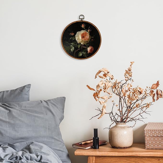 KSDUT Retro Flower Wall Art Decor - Botanical Neutral Mid Century Modern Wall Art Canvas Frame Hanging Prints, Vintage Landscape Round Wall Art Decor for Bedroom Decorations 10"x10"