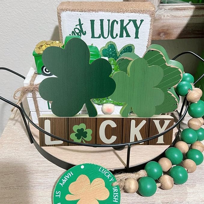 Lucky Wooden Sign St. Patrick's Day Table Decor Shamrock Home Office Table Top Decor Centerpiece Decorations for Tiered Trays Shelf Coffee Bar Mantle Windowsill