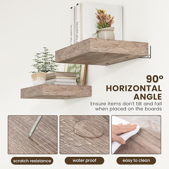 Deep Floating Shelves | 16 Inch Grey Floating Shelves Set of 2 | 12 Inch Deep Rustic Grey Wall Shelves | Deep Shelves for Living Room Bathroom Kitchen Bedroom