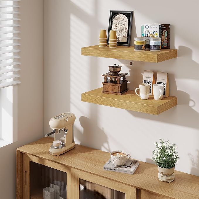 Fun Memories 24 Inch Floating Shelves Wall-Mounted, 12 Inch Deep Wall Shelves, 24 x 12 Floating Shelf, Deep Storage Shelf for Living Room Bathroom Bedroom, Oak, Set of 2