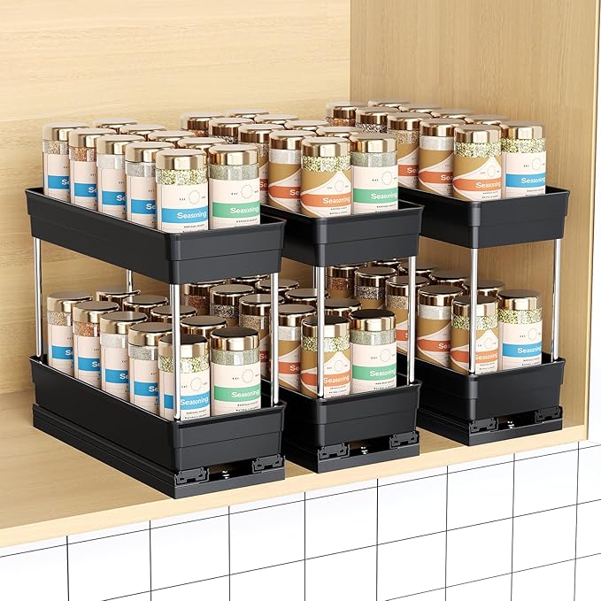 Pull Out Spice Rack Organizer for Cabinet, Slide Out Spice Racks Organizer, Easy to Install Spice Cabinet Organizers, 4.33''Wx10.62''Dx8.66''H, 3 Packs -2 Tiers (Black)
